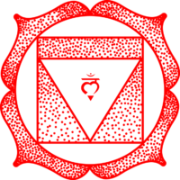 Red octagonal shape with black rounded corners and two small black triangular eyes, forming a simple cartoon face