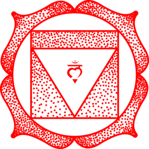 Red octagonal shape with black rounded corners and two small black triangular eyes, forming a simple cartoon face