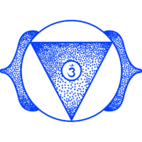 Blue circular emblem with two black diagonal eye slits, creating an angry or fierce expression.