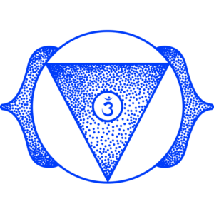 Blue circular emblem with two black diagonal eye slits, creating an angry or fierce expression.