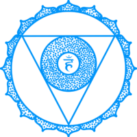 Blue octagon with two black, slanted eye slits creating a menacing face look.